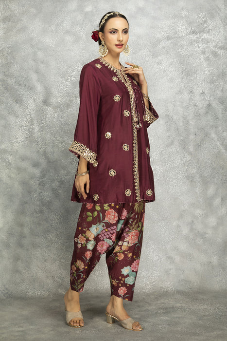 Wine Mirror Embroidered  Angrakha with Printed Pants & Dupatta Set of 3