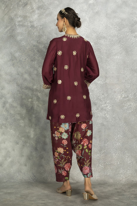 Wine Mirror Embroidered  Angrakha with Printed Pants & Dupatta Set of 3