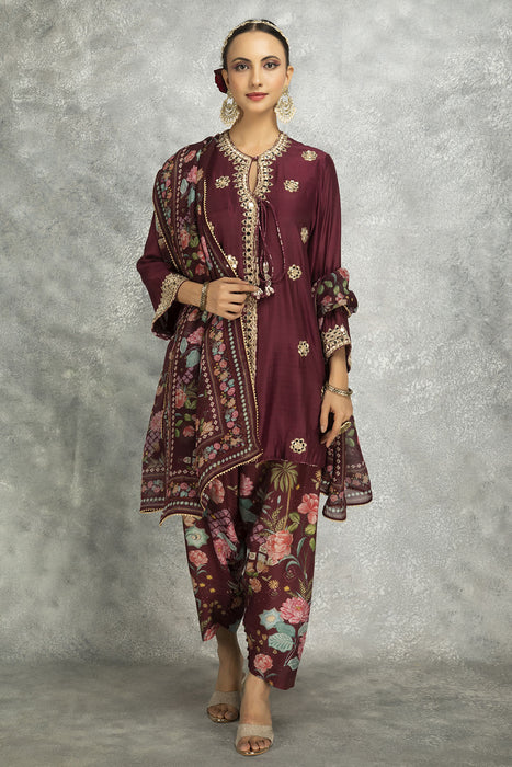 Wine Mirror Embroidered  Angrakha with Printed Pants & Dupatta Set of 3