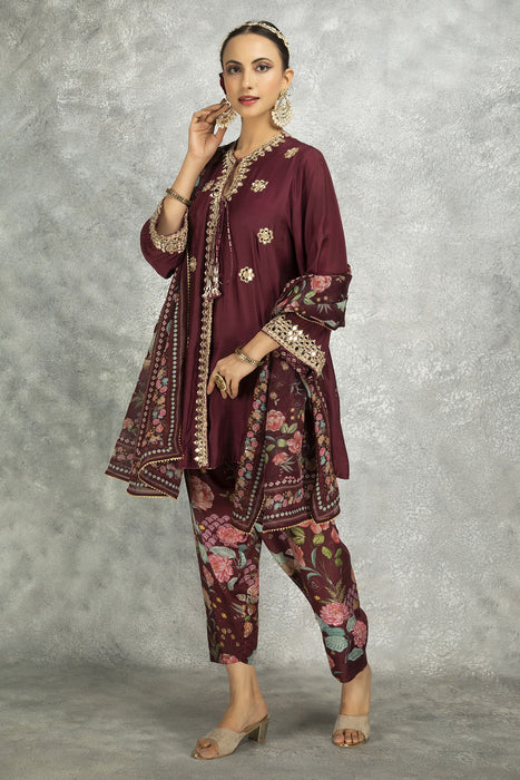 Wine Mirror Embroidered  Angrakha with Printed Pants & Dupatta Set of 3