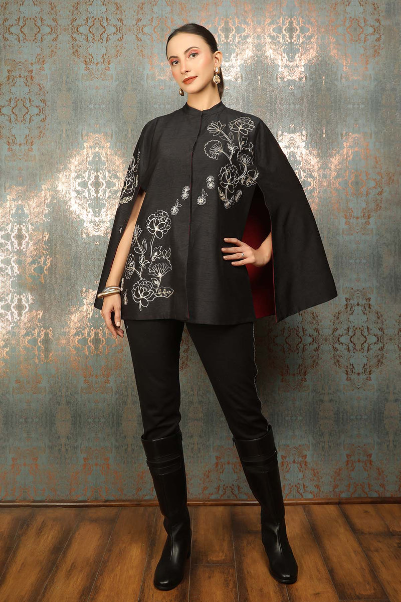 Black Silk Floral Embroidered Cape