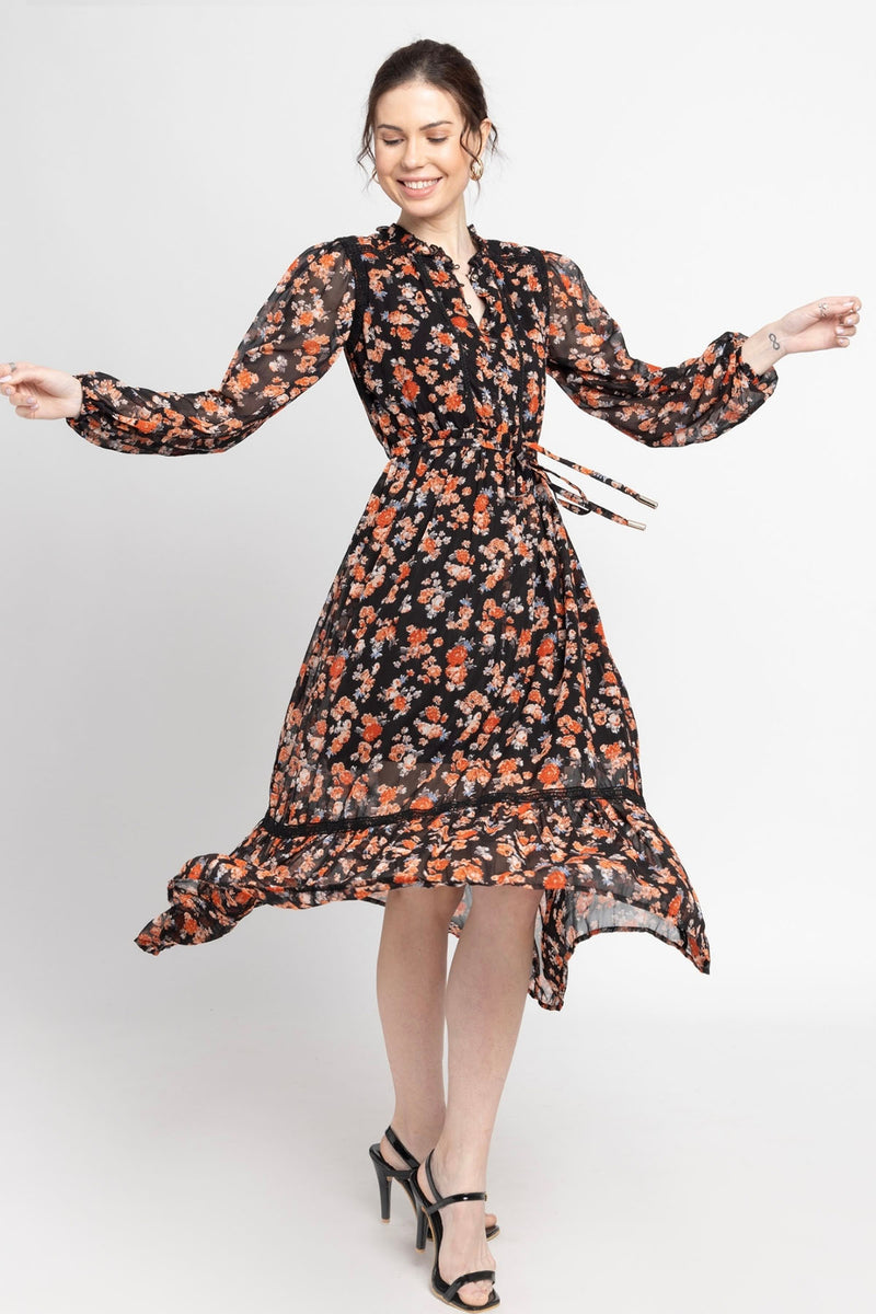 Black Blossom Midi Dress