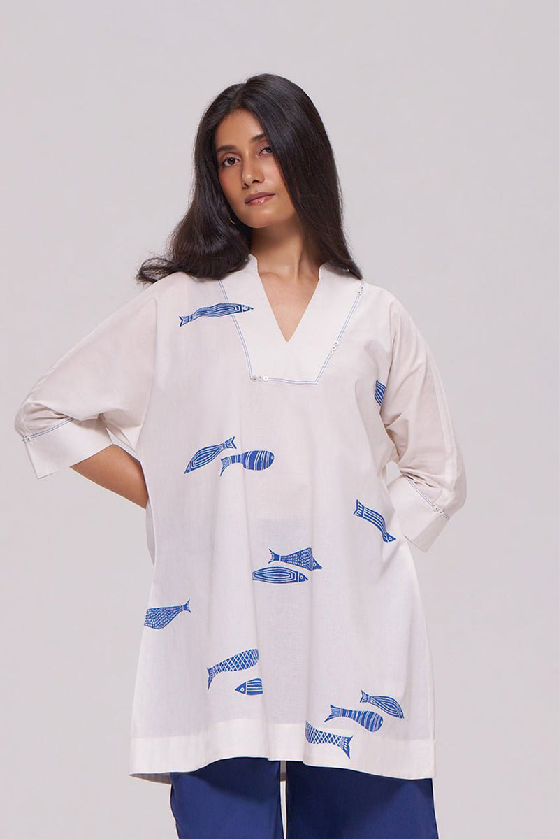 Off-White and Blue Cotton Kurta