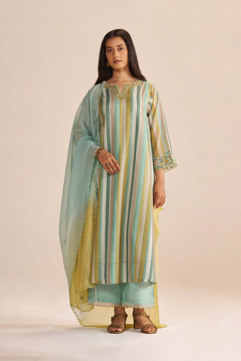 Shades of Teal and Yellow Semi Festive Kurta Set