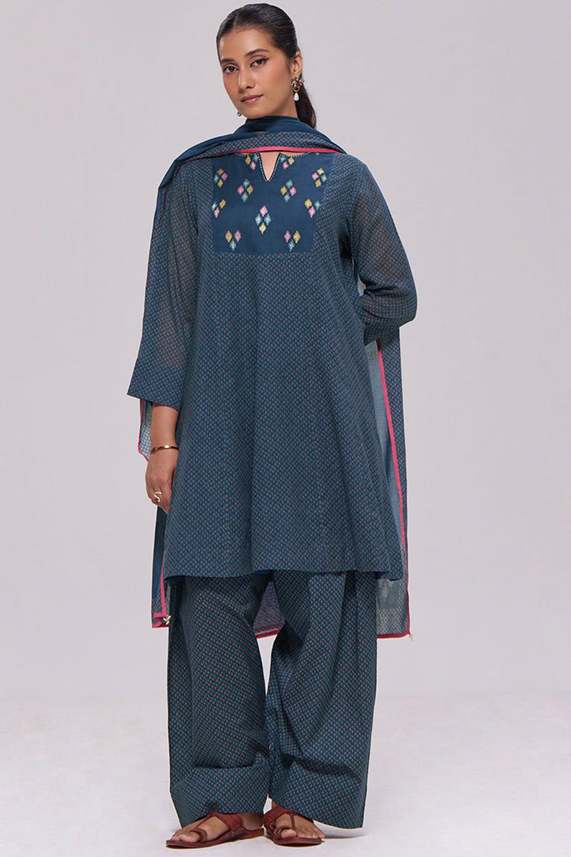 Deep Blue Printed Mul-Mul Kurta Set