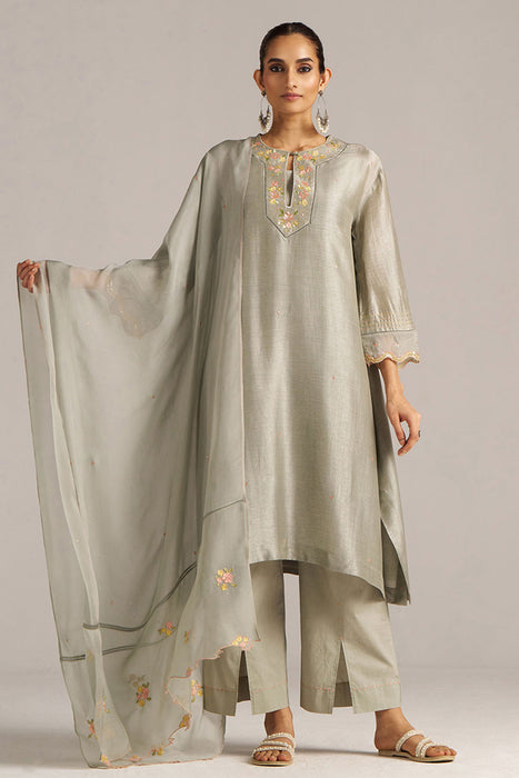 Seagrass Grey Raw Silk Festive Kurta Set
