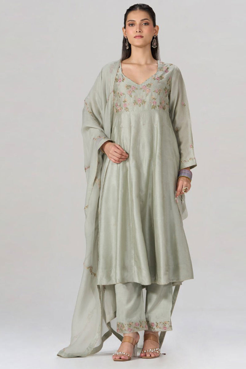 Silver Birch Grey Embroidered Festive Anarkali Set