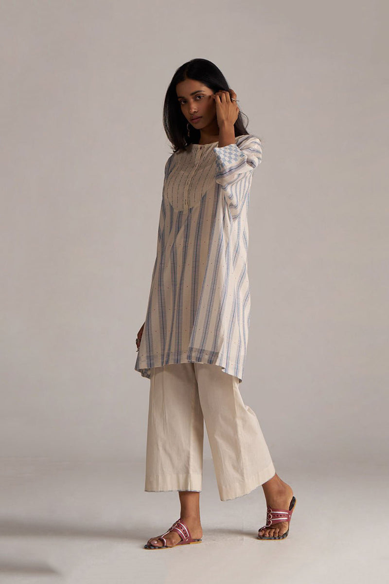 Cream and Blue Mul Chanderi Co-ord Set