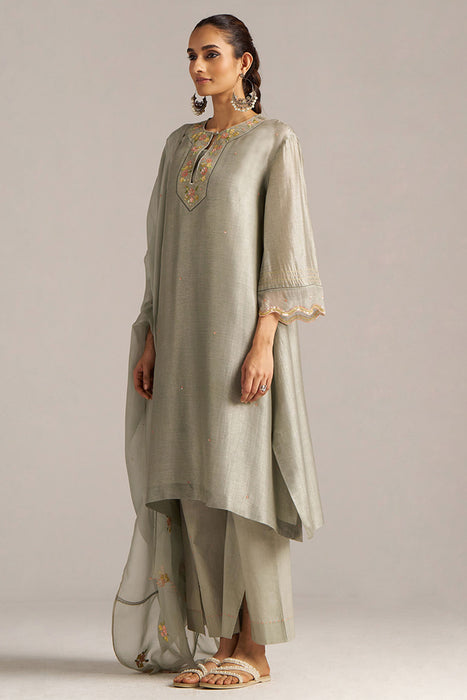 Seagrass Grey Raw Silk Festive Kurta Set