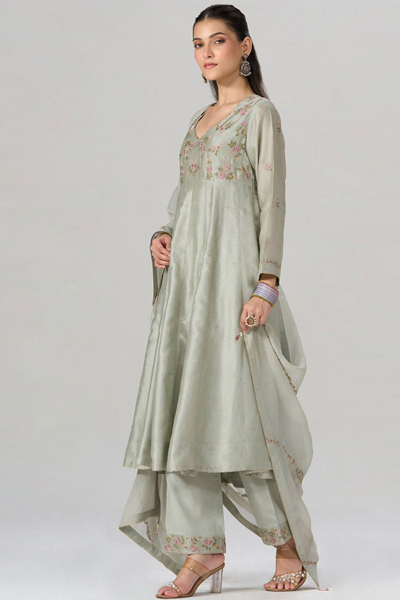 Silver Birch Grey Embroidered Festive Anarkali Set