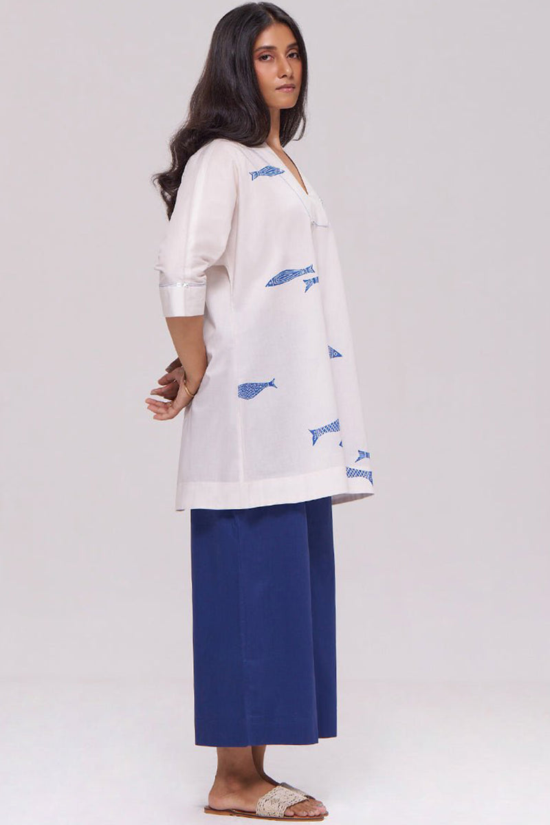 Off-White and Blue Cotton Kurta