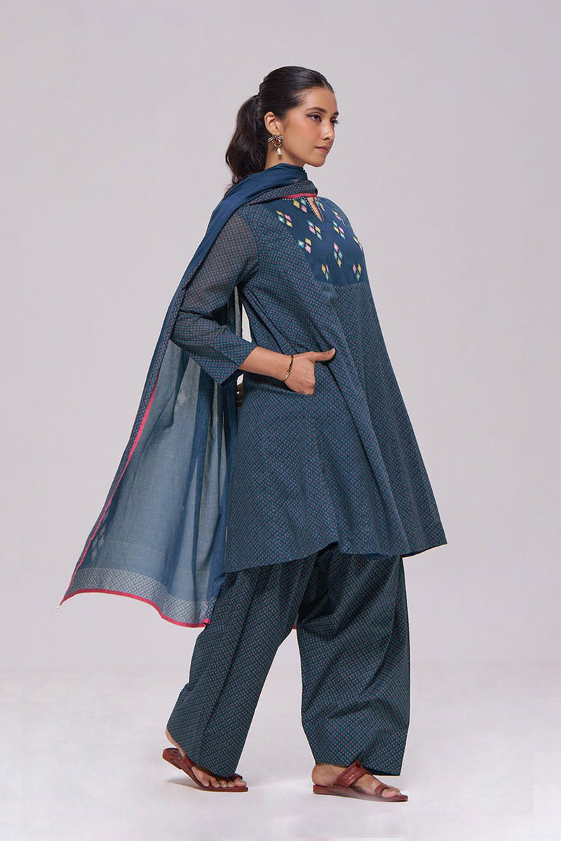 Deep Blue Printed Mul-Mul Kurta Set