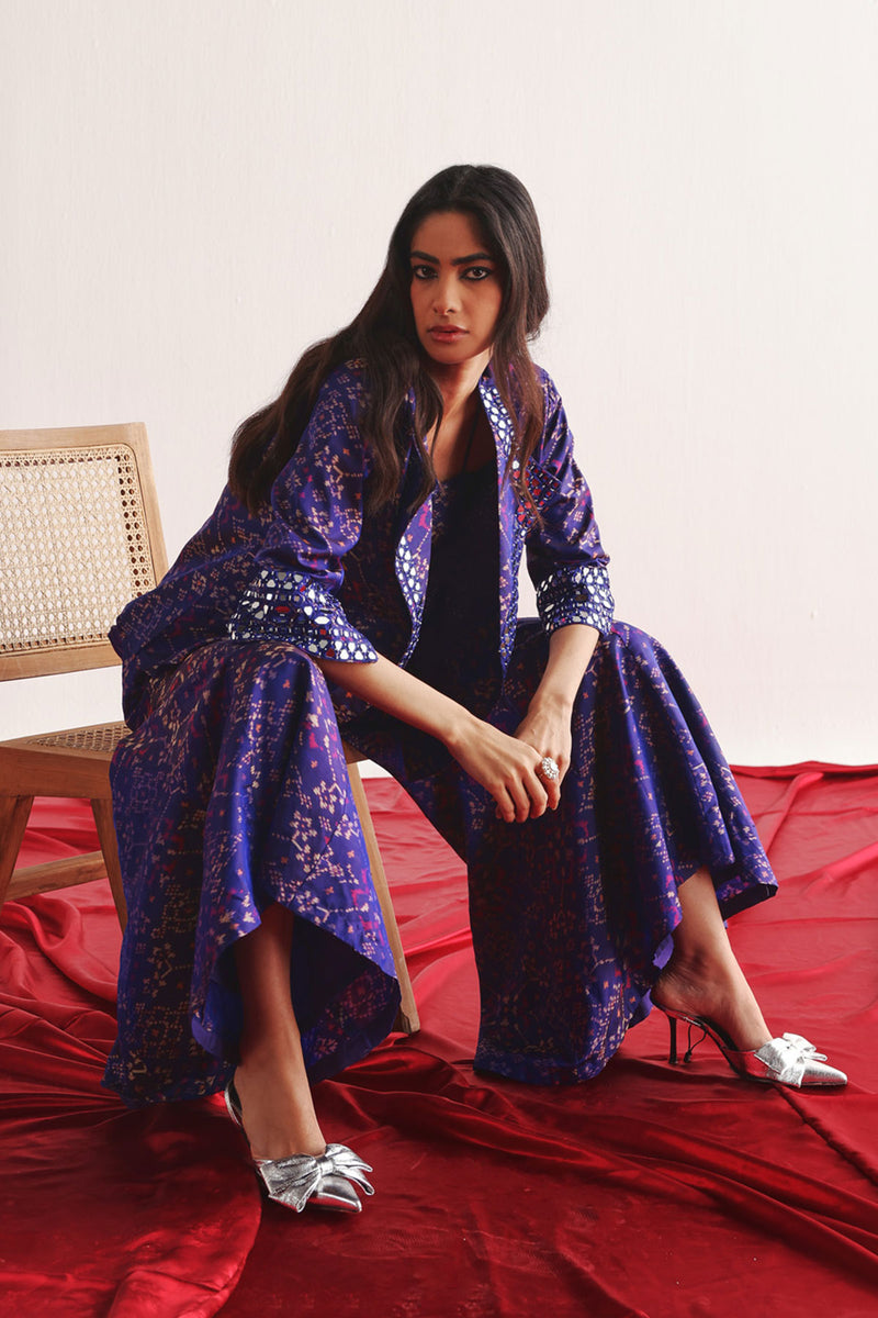 PURPLE PATOLA BLAZER WITH BOOTCUT AND BANDEAU SET