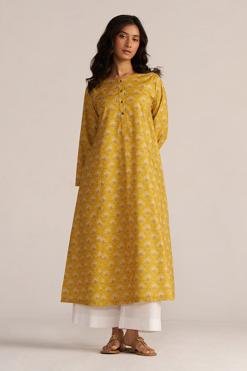 Mustard Yellow Print Cotton Kurta