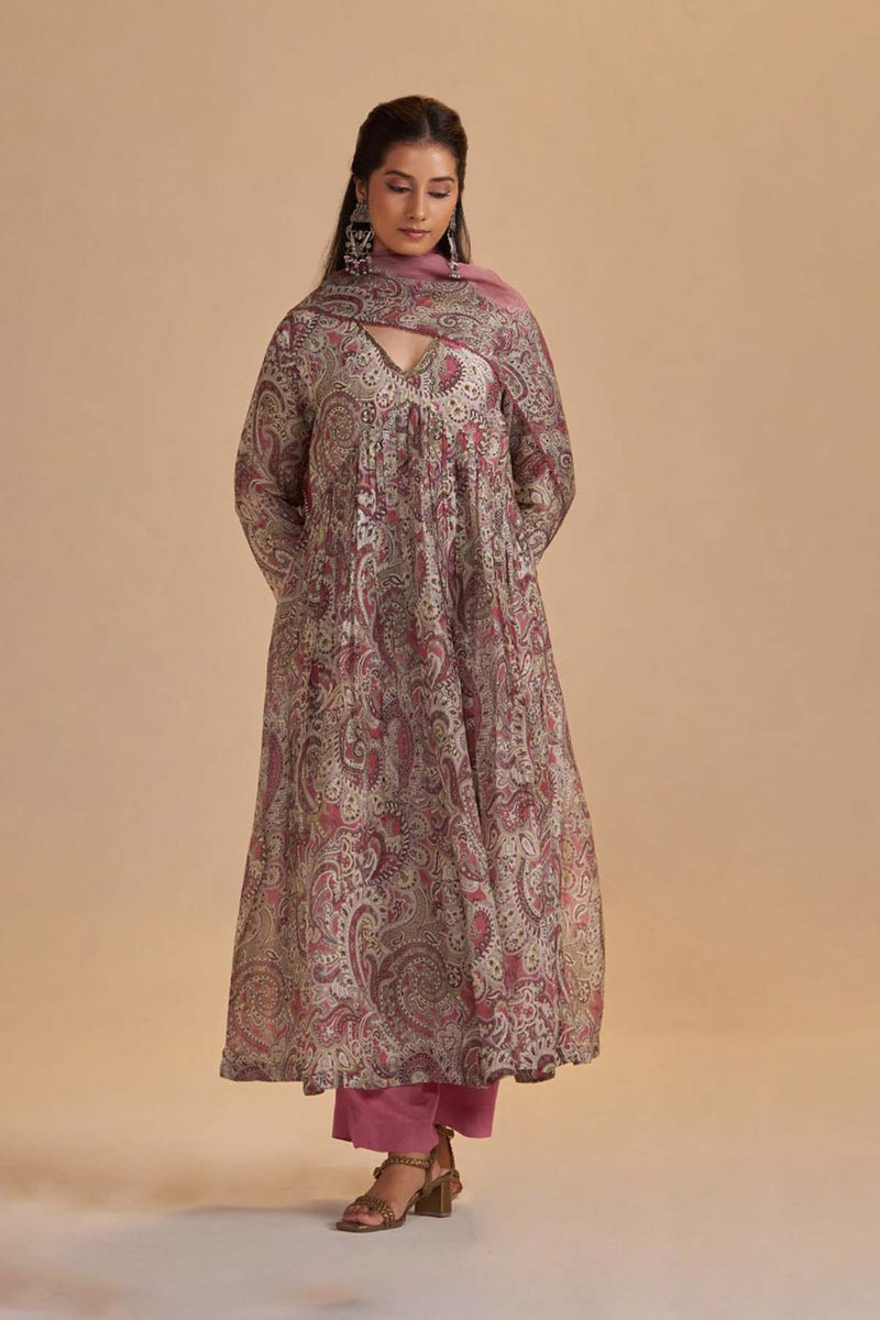 Mauve and Beige Orgenza Silk Kurta Set