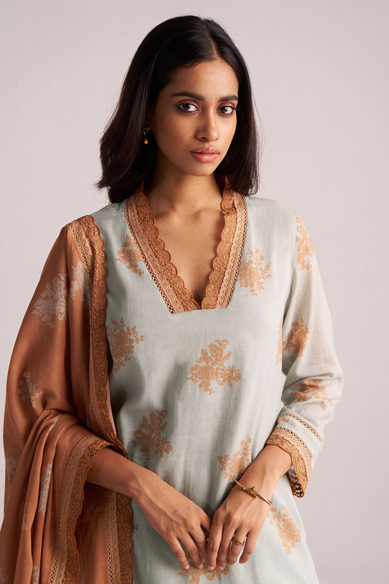 Grey-Rust Mul Kurta Set