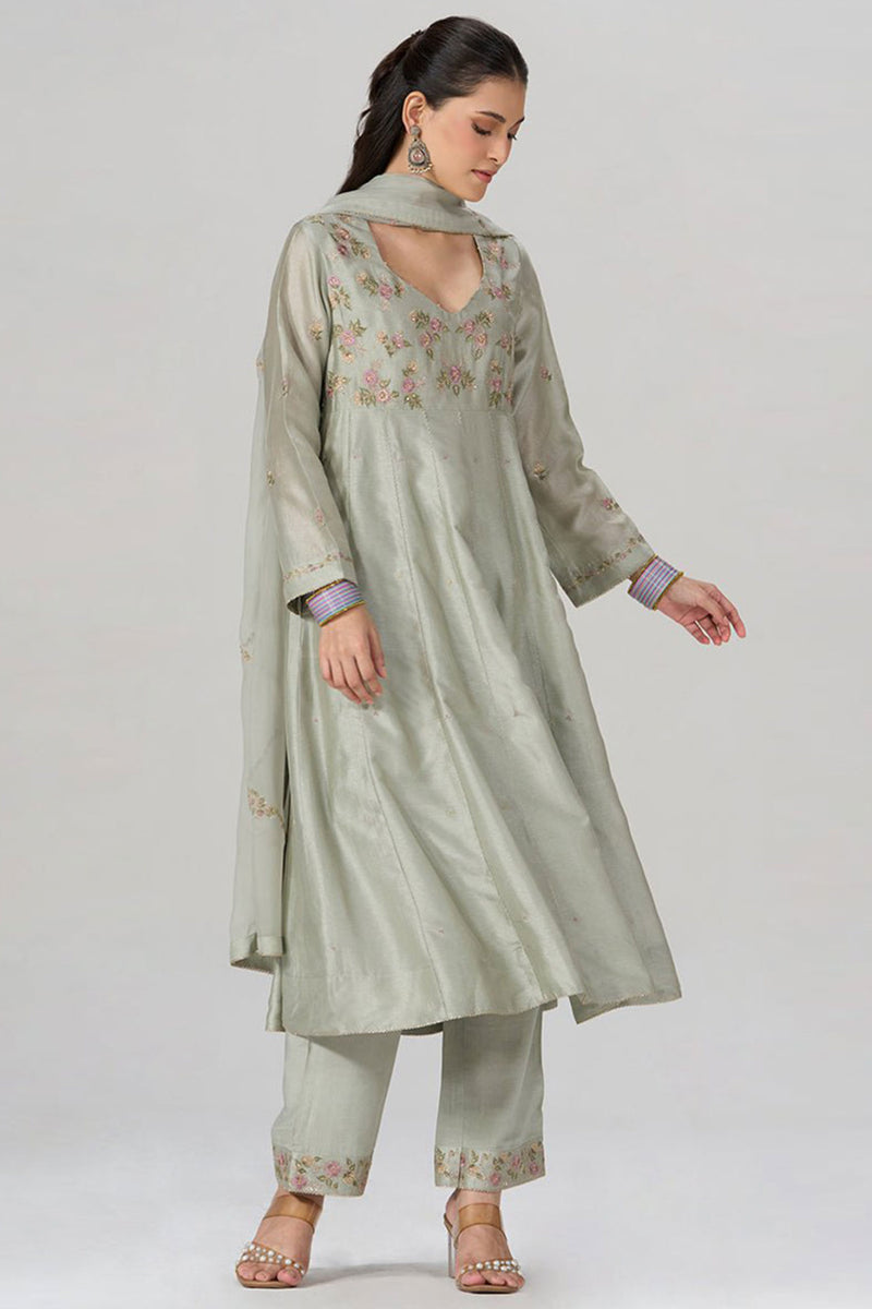 Silver Birch Grey Embroidered Festive Anarkali Set