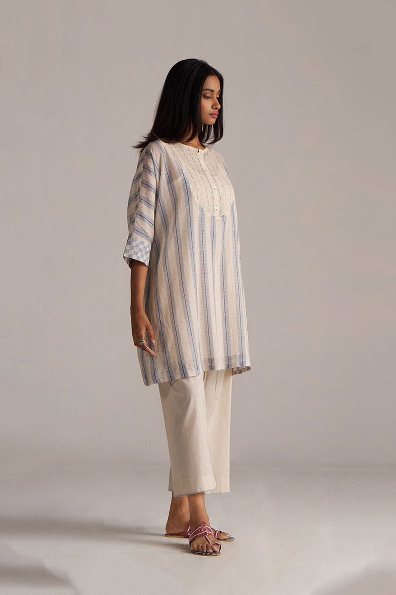 Cream and Blue Mul Chanderi Co-ord Set