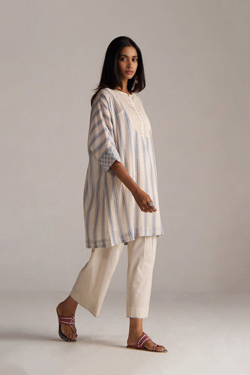 Cream and Blue Mul Chanderi Co-ord Set