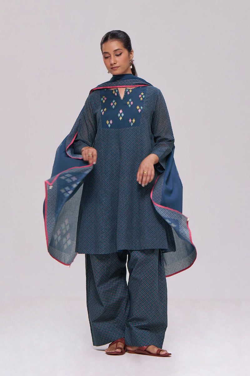 Deep Blue Printed Mul-Mul Kurta Set