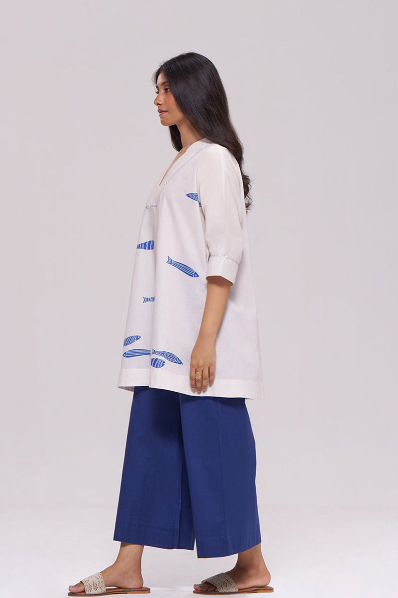 Off-White and Blue Cotton Kurta