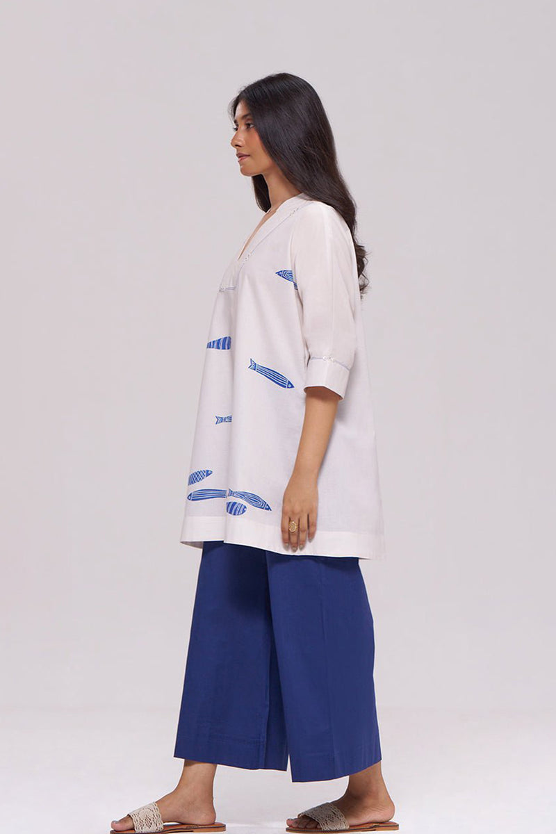 Off-White and Blue Cotton Co-ord Set