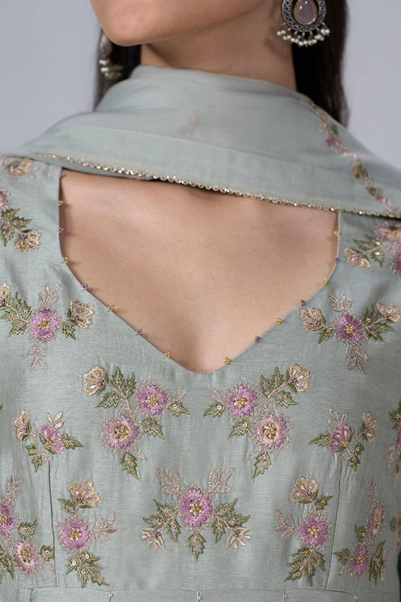 Silver Birch Grey Embroidered Festive Anarkali Set