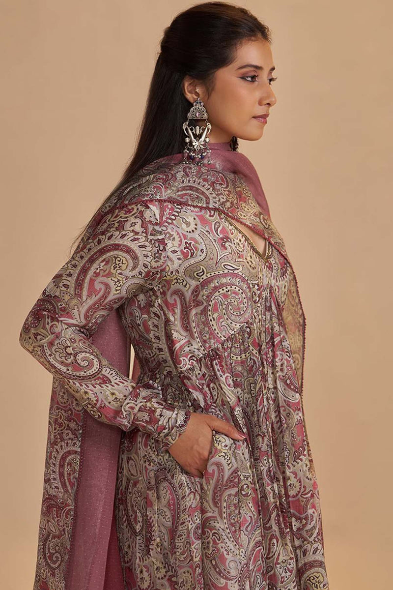 Mauve and Beige Orgenza Silk Kurta Set