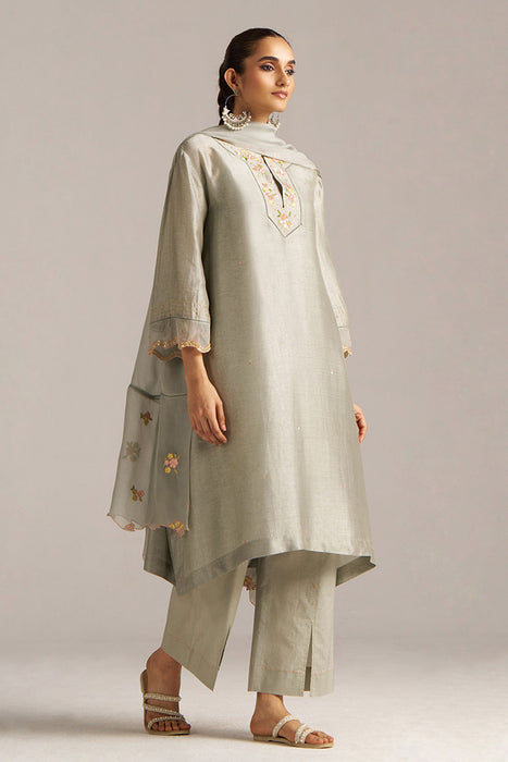 Seagrass Grey Raw Silk Festive Kurta Set