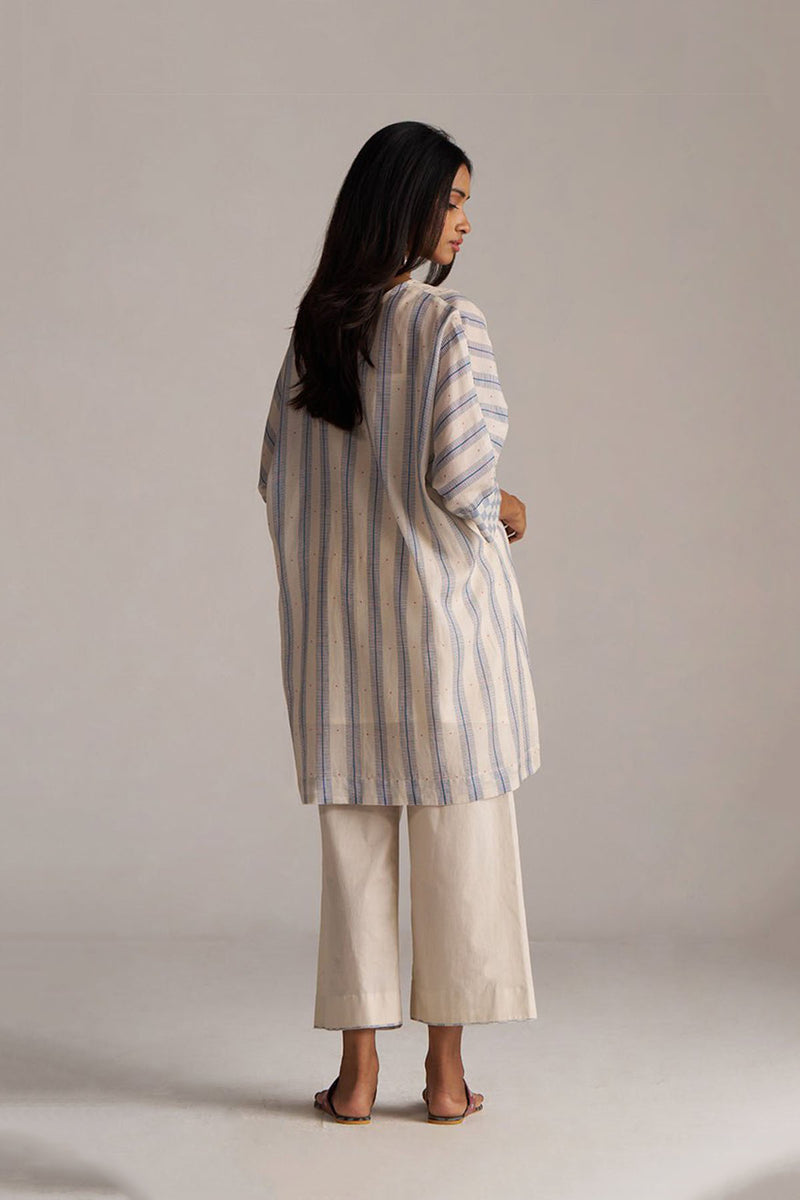 Cream and Blue Mul Chanderi Co-ord Set