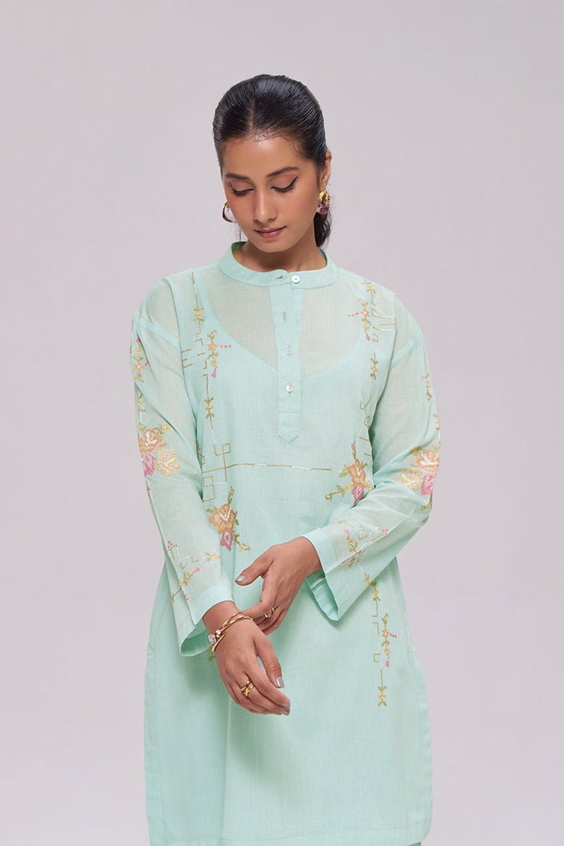 Ice-Blue Mul-Chanderi Co-ord Set