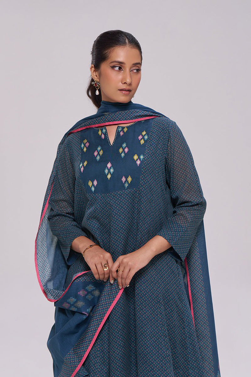 Deep Blue Printed Mul-Mul Kurta Set