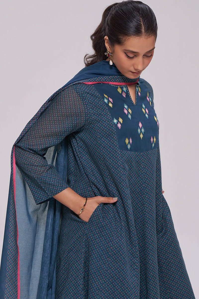 Deep Blue Printed Mul-Mul Kurta Set