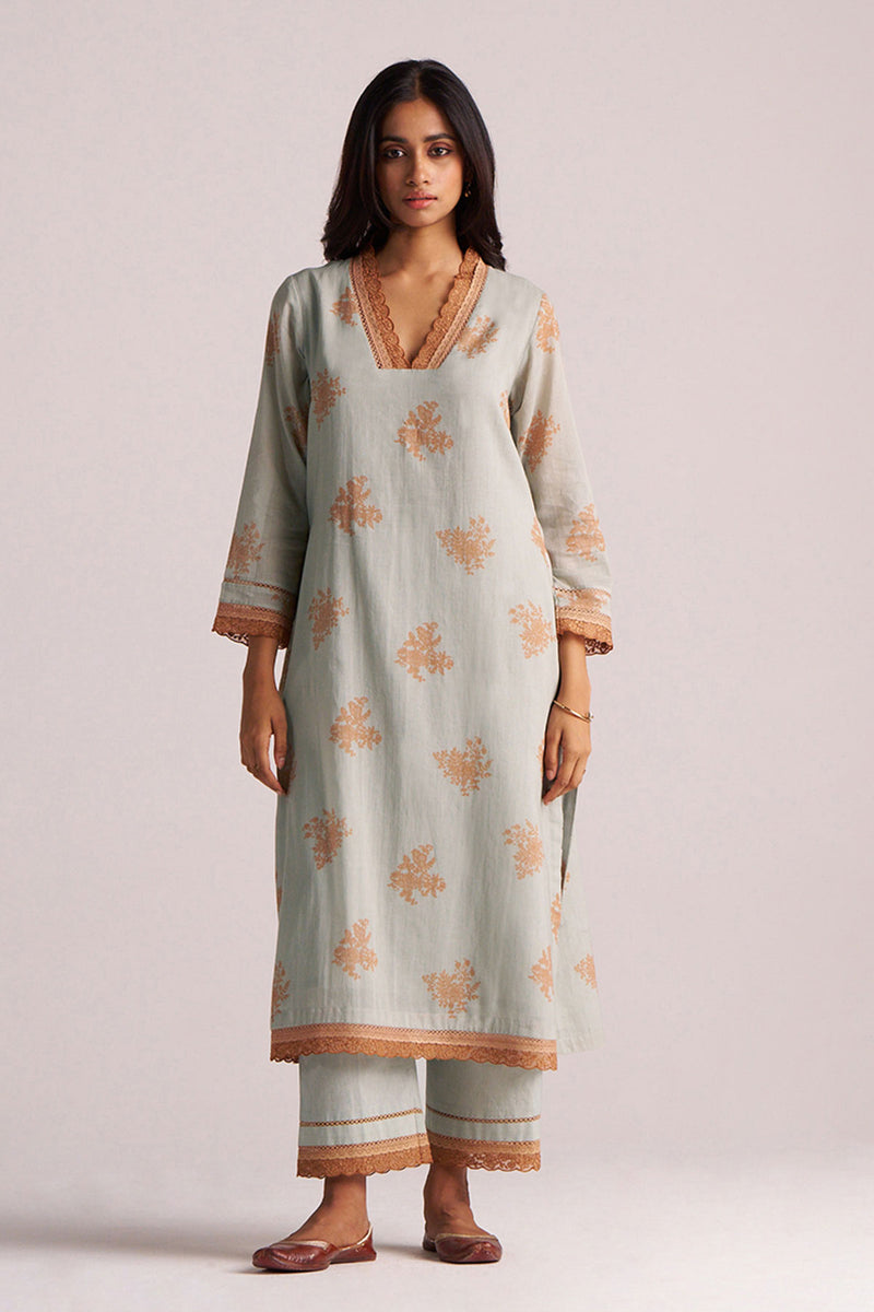 Grey-Rust Mul Kurta Set