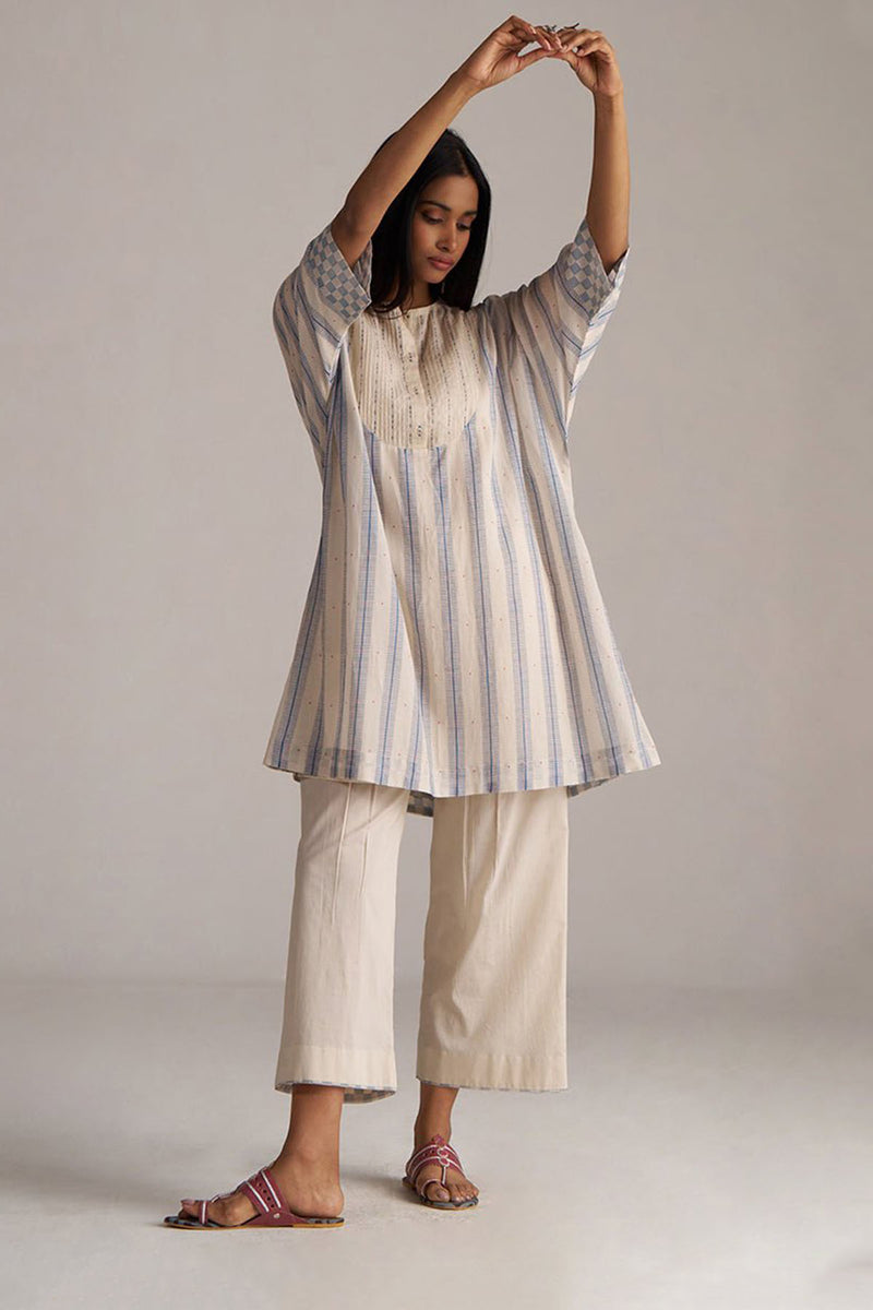 Cream and Blue Mul Chanderi Co-ord Set