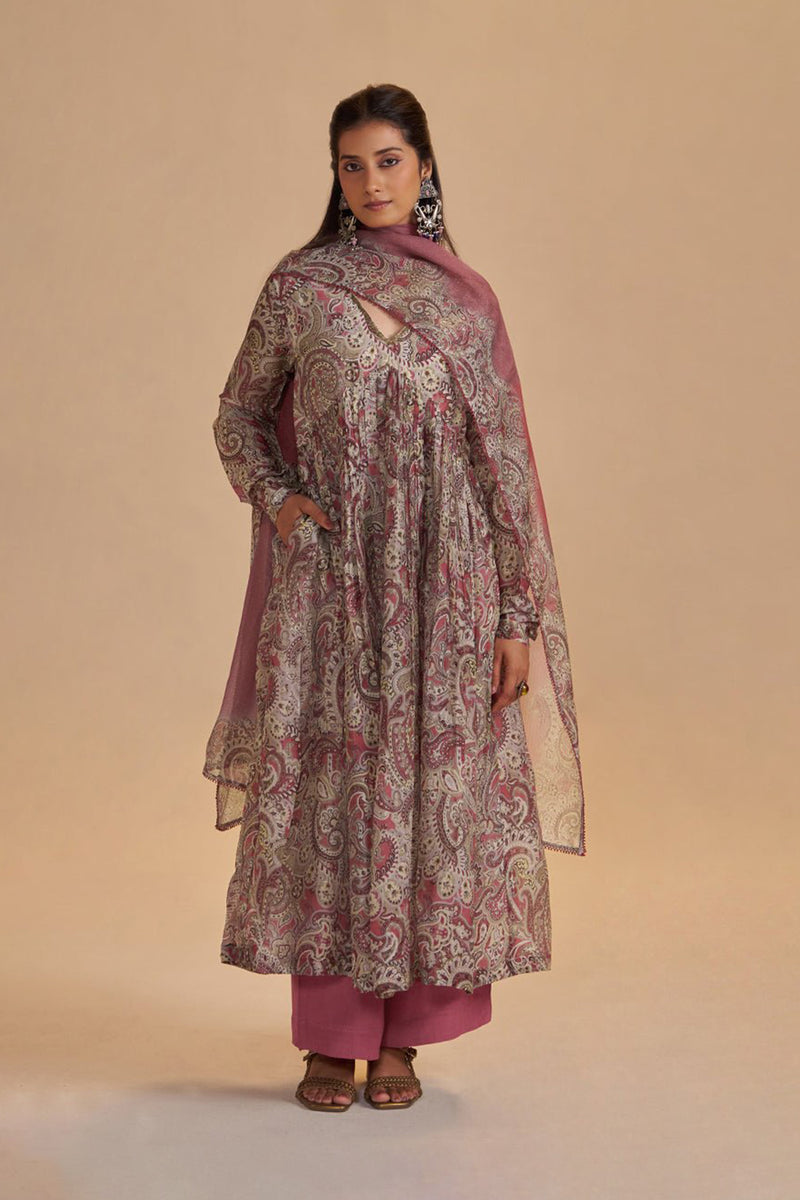 Mauve and Beige Orgenza Silk Kurta Set