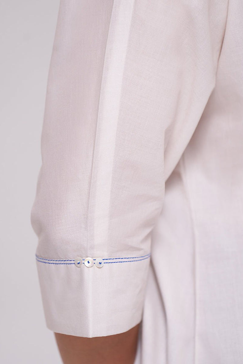 Off-White and Blue Cotton Kurta