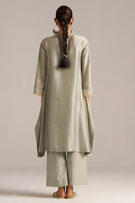 Seagrass Grey Raw Silk Festive Kurta Set