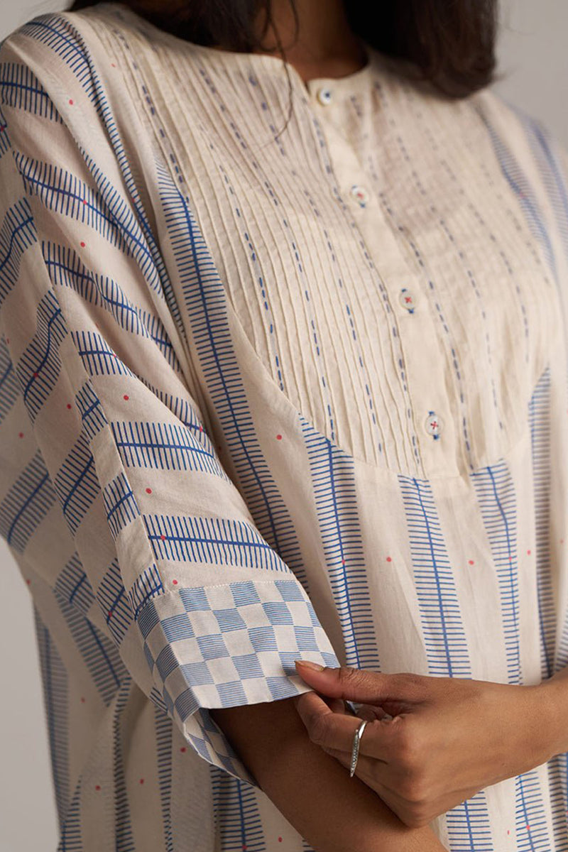 Cream and Blue Mul Chanderi Co-ord Set