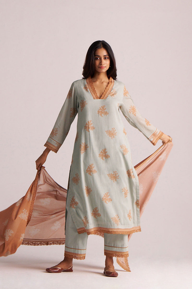 Grey-Rust Mul Kurta Set