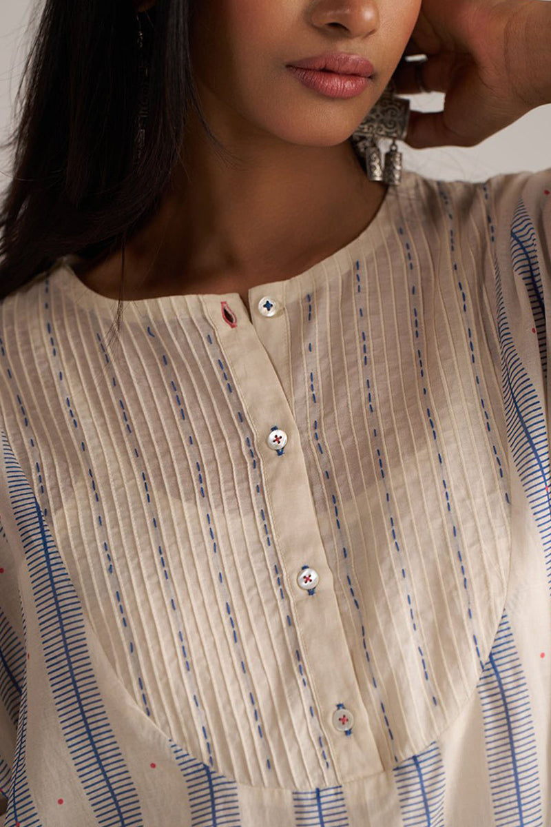 Cream and Blue Mul Chanderi Co-ord Set