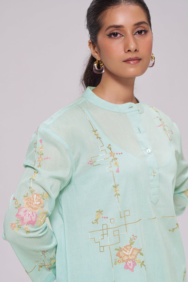 Ice-Blue Mul-Chanderi Co-ord Set