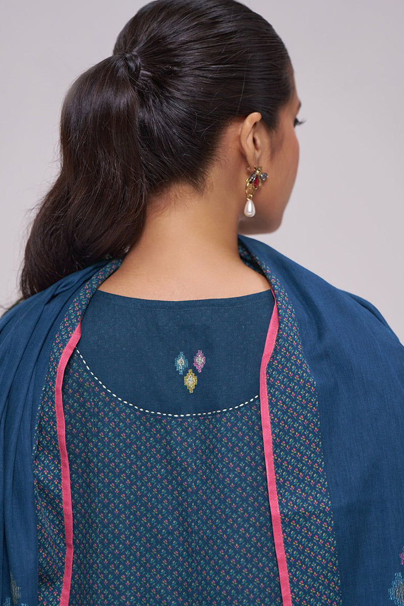 Deep Blue Printed Mul-Mul Kurta Set