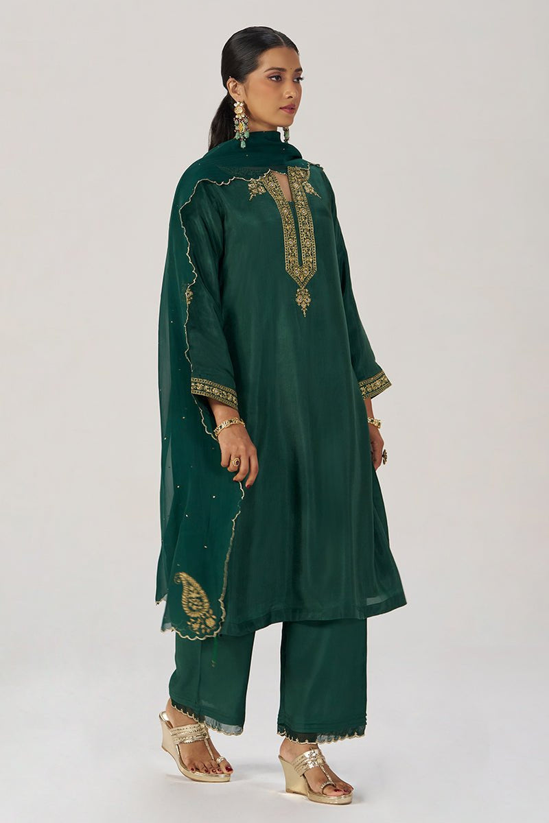 Deep Emerald Green Festive Silk Kurta Set