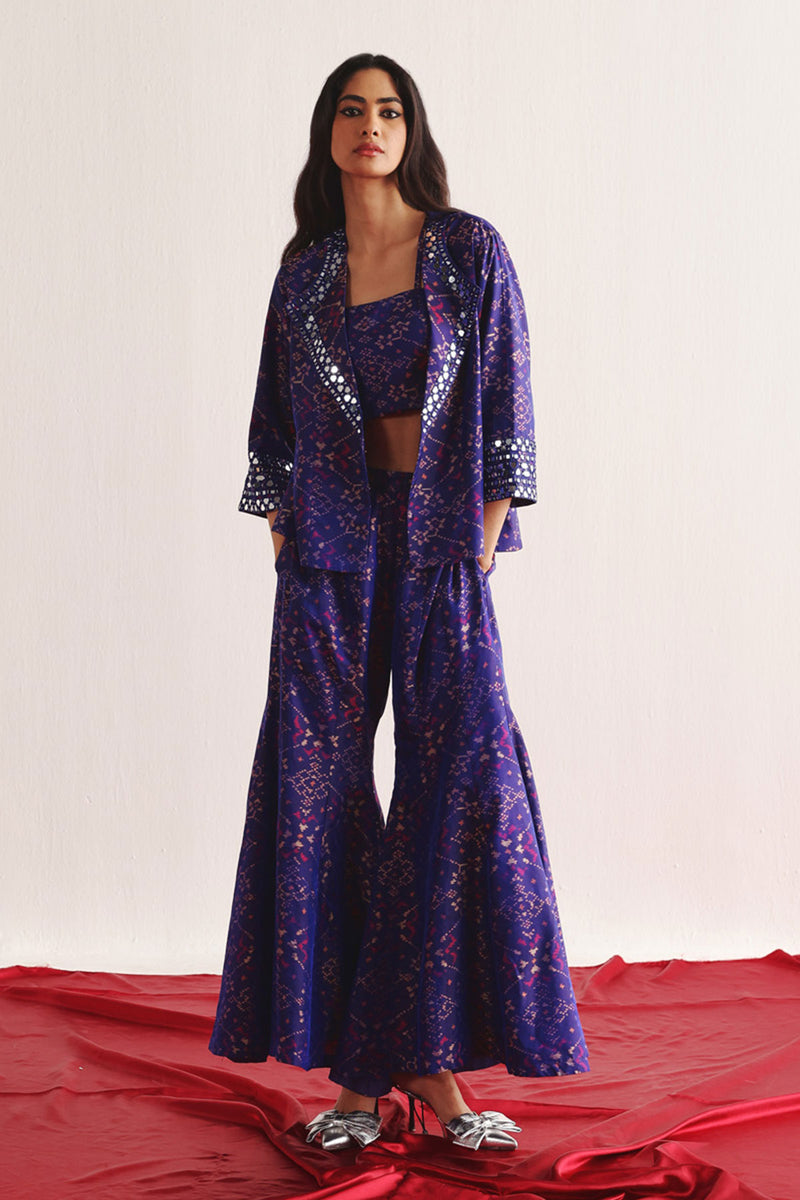 PURPLE PATOLA BLAZER WITH BOOTCUT AND BANDEAU SET