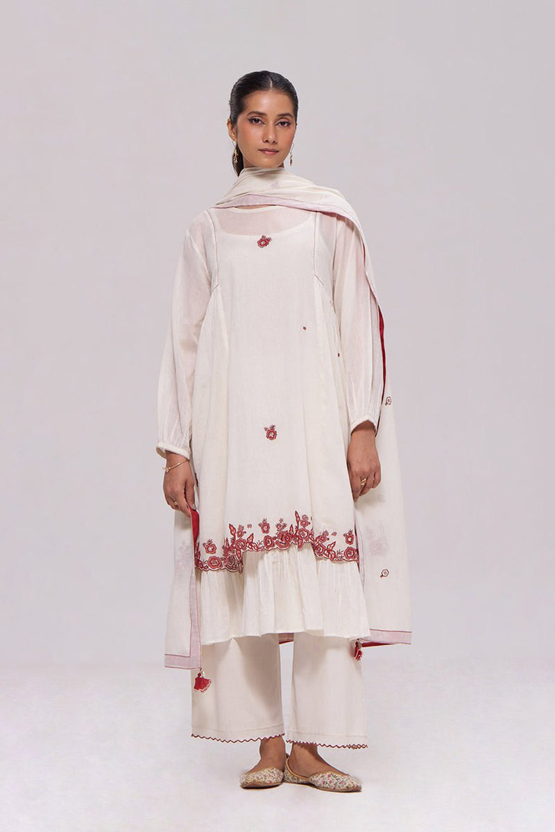 Ivory and Maroon Pure Cotton Kurta Set