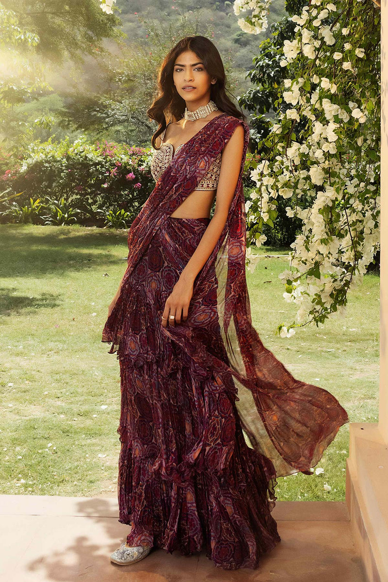 Bahaar Burgundy Tiered Saree Set