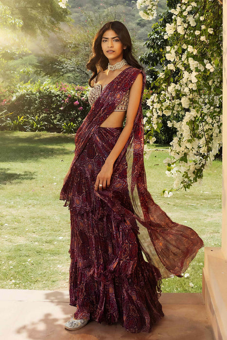 Bahaar Burgundy Tiered Saree Set