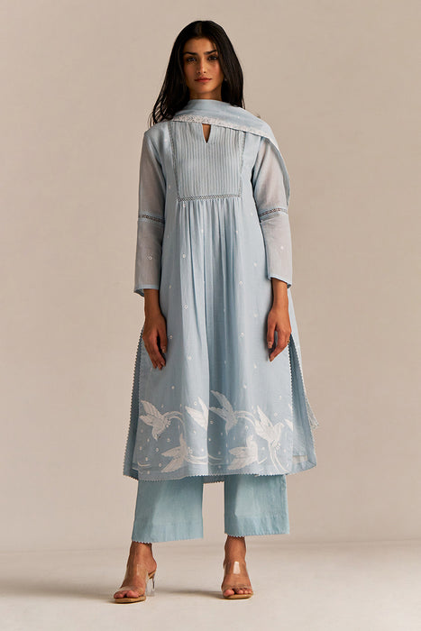 Powder Blue Mul-Mul Embroidered Kurta Set