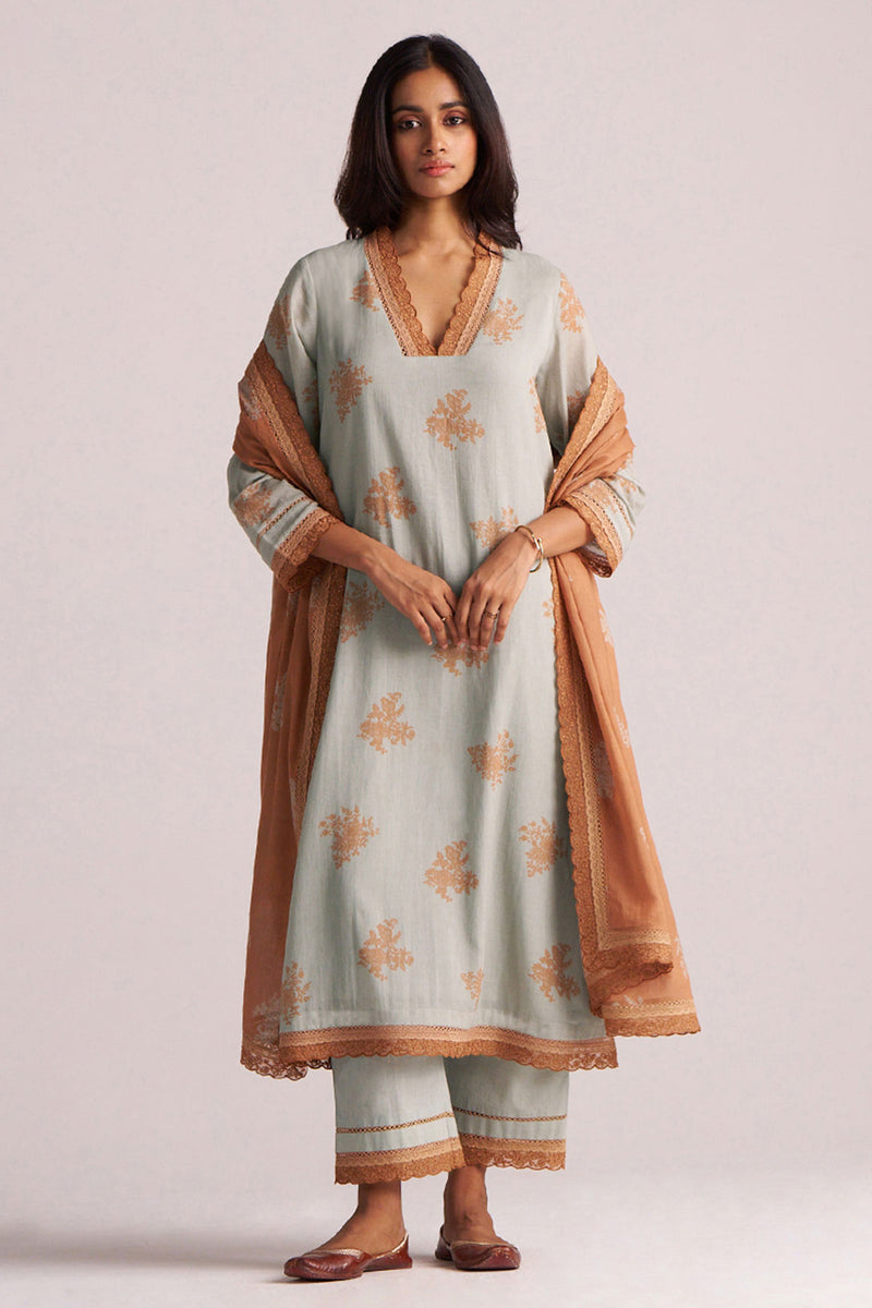 Grey-Rust Mul Kurta Set